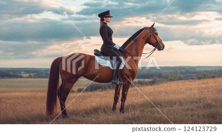 Elegant equestrian rider in formal black uniform atop majestic bay horse against golden sunset. Professional dressage athlete showcasing perfect posture in atmospheric countryside setting 124123729