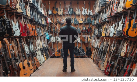Music store interior showcasing vast collection of electric and acoustic guitars displayed on wooden walls. Customer browsing extensive selection of vintage and modern instruments in specialist shop 124123730