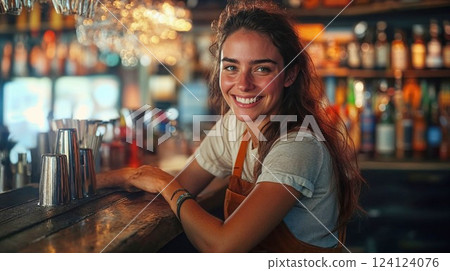 Cheerful female bartender in casual uniform smiling at camera. Young woman working at trendy pub with warm lighting and bokeh effects creating welcoming atmosphere Cheerful female bartender in casual uniform smiling at camera. Young woman working at trendy pub with warm lighting and bokeh effects creating welcoming atmosphere 124124076