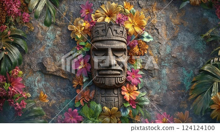 Ancient Mayan wooden mask surrounded by vibrant tropical flowers. Decorative arrangement with pink and golden blooms against textured stone background creates exotic atmosphere 124124100