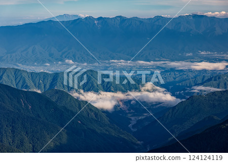 Morning view of the Central Alps and Mt. Ontake from the ridgeline of Mt. Akaishi in the Southern Alps Morning view of the Central Alps and Mt. Ontake from the ridgeline of Mt. Akaishi in the Southern Alps 124124119