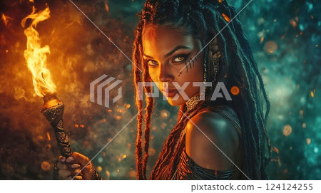 Fantasy portrait of warrior woman with dreadlocks holding flaming torch. Dramatic lighting combines orange flame and teal shadows, tribal face paint adds mystical atmosphere 124124255