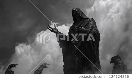 Dramatic black and white photograph of hooded figure statue against stormy sky with gargoyles. Gothic architectural sculpture creates ominous atmosphere perfect for dark fantasy themes 124124256