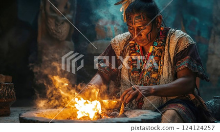 Indigenous shaman performing traditional ritual by sacred fire. Atmospheric portrait showing ceremonial face paint, colorful beaded necklaces, and traditional clothing in mystical lighting 124124257
