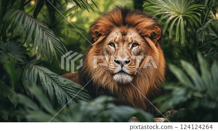 Majestic male lion portrait with golden mane framed by tropical palm leaves. Regal expression and piercing gaze showcase the powerful beauty of this iconic predator Majestic male lion portrait with golden mane framed by tropical palm leaves. Regal expression and piercing gaze showcase the powerful beauty of this iconic predator 124124264