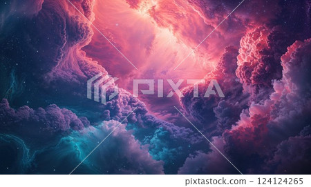 Ethereal cosmic cloudscape in vibrant pink and turquoise hues with twinkling stars scattered throughout. Dramatic swirling nebula formations create a dreamlike celestial atmosphere 124124265