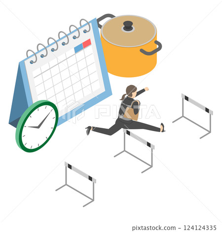 A mother in a suit, busy with work, housework and childcare 124124335