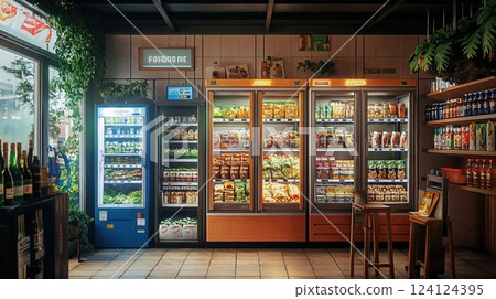 Modern convenience store interior with illuminated refrigerators displaying variety of products. Plants and warm lighting create inviting retail atmosphere 124124395