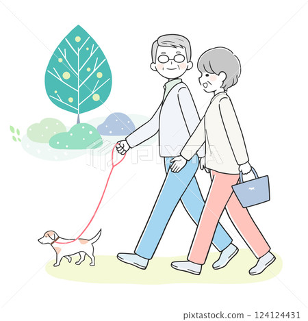 Senior couple walking their dog together 124124431
