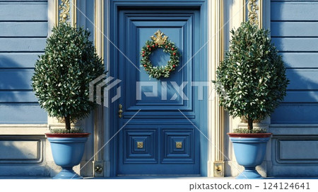 Elegant blue entrance with Christmas wreath and matching topiaries. Classic holiday decoration on luxurious door with ornate gold trim and symmetrical potted trees Elegant blue entrance with Christmas wreath and matching topiaries. Classic holiday decoration on luxurious door with ornate gold trim and symmetrical potted trees 124124641