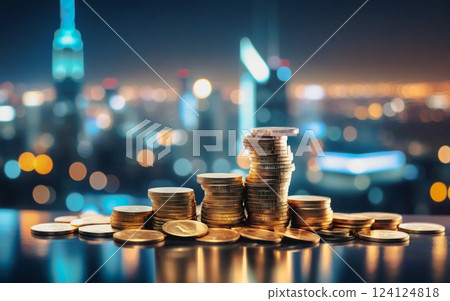 coins on blurred background of metropolis, city, concept finance, business coins on blurred background of metropolis, city, concept finance, business 124124818