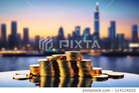 coins on blurred background of metropolis, city, concept finance, business 124124820