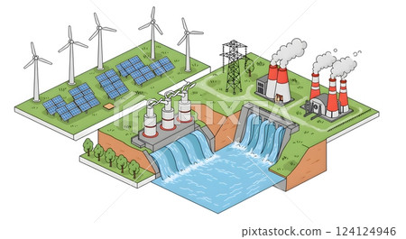 Isometric Illustration of Renewable and Non-Renewable Energy Sources 124124946