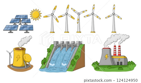 Various Energy Sources Illustration Including Solar, Wind, Hydro, and Fossil Fuel Power 124124950