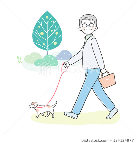 A senior man walking his dog 124124977