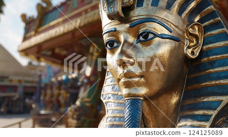 Close-up of golden Tutankhamun mask with ornate blue details. Ancient Egyptian artifact showcasing intricate craftsmanship and historical artistry in warm lighting 124125089
