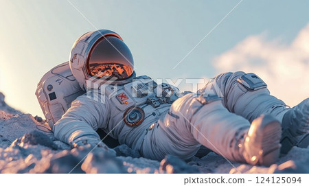 Astronaut in white spacesuit lying on lunar surface with mountain reflection in helmet visor. Artistic space exploration scene with warm sunset lighting creating cinematic atmosphere 124125094