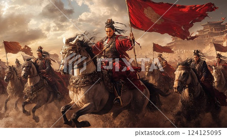 Epic ancient Chinese warrior cavalry scene with commander holding red battle flag. Dynamic composition showing mounted soldiers in traditional armor against dramatic sunset and imperial architecture 124125095