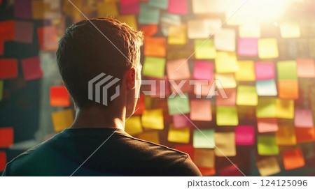 Man looking at colorful sticky notes wall in backlit sunset lighting. Creative brainstorming and project planning visualization with multicolored paper notes creating inspiring workspace atmosphere 124125096