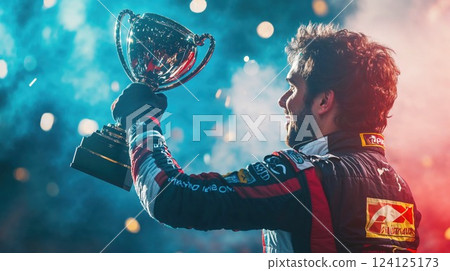 Victorious racing driver celebrating with trophy against stunning blue and pink sky. Dynamic composition captures triumph moment with bokeh effect and championship atmosphere 124125173