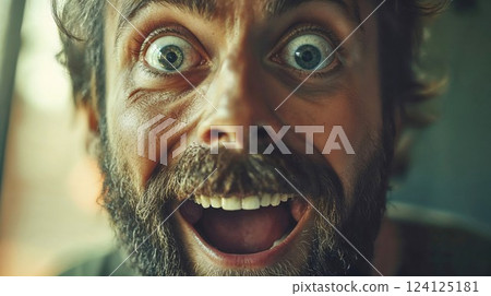 Extreme close-up portrait capturing intense emotional expression with wide blue eyes and bearded face. Dramatic lighting emphasizes authentic reaction and creates powerful character study Extreme close-up portrait capturing intense emotional expression with wide blue eyes and bearded face. Dramatic lighting emphasizes authentic reaction and creates powerful character study 124125181