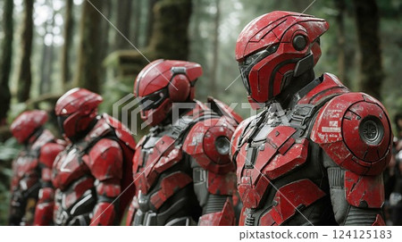 Futuristic red battle armor suits lined up in forest setting. Detailed sci-fi costume design showing weathered mechanical warrior suits with matching helmets and tactical gear 124125183