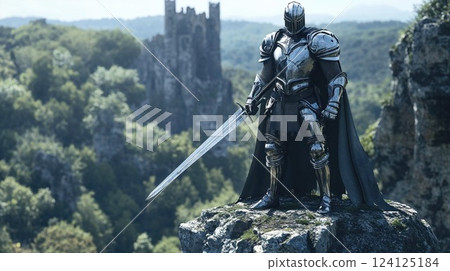 Medieval knight in shining armor standing on rocky cliff with castle in background. Fantasy warrior wearing plate armor and cape while wielding longsword against dramatic landscape Medieval knight in shining armor standing on rocky cliff with castle in background. Fantasy warrior wearing plate armor and cape while wielding longsword against dramatic landscape 124125184