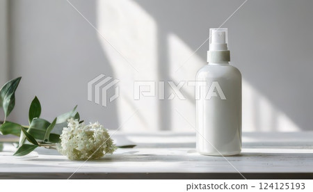 AI image: Cosmetic bottle placed on a table AI image: Cosmetic bottle placed on a table 124125193