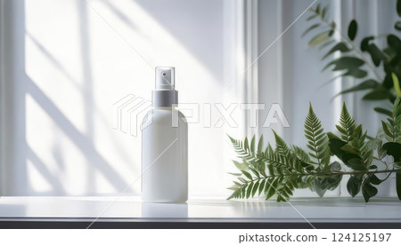 AI image: Cosmetic bottle placed on a table 124125197