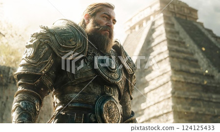 Fantasy warrior character in ornate metal armor against ancient pyramid background. Epic portrait of bearded knight in detailed battle gear with dramatic lighting and atmospheric setting 124125433