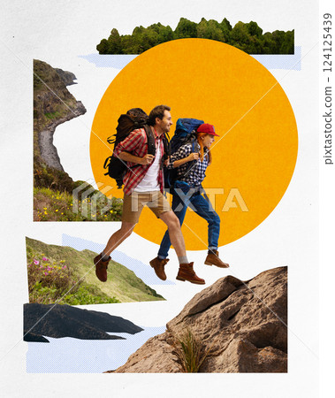 Couple with backpacks hiking through scenic nature, walking towards new adventures in warm sunlight. Contemporary art collage. Couple with backpacks hiking through scenic nature, walking towards new adventures in warm sunlight. Contemporary art collage. 124125439