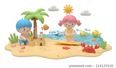 Cute 3D Cartoon Illustration of Kids Playing on the Beach 124125520