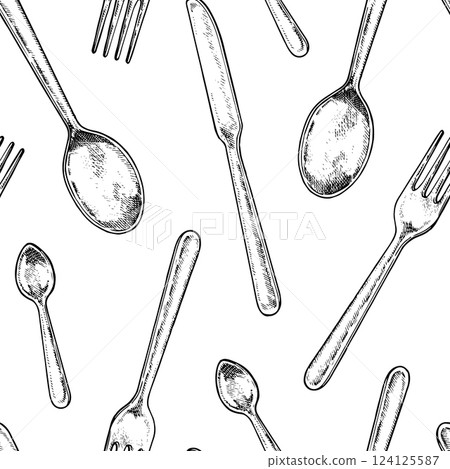 Seamless vintage vector pattern of hand drawn flatware in black and white. Elegant engraving style illustration featuring spoons and forks. Perfect for dining themed textiles and kitchen designs Seamless vintage vector pattern of hand drawn flatware in black and white. Elegant engraving style illustration featuring spoons and forks. Perfect for dining themed textiles and kitchen designs 124125587