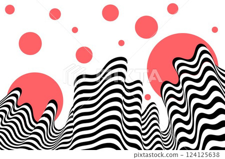 Abstract background of black and white wavy stripes with red circles on a white background. Illusion. Eps 10 124125638