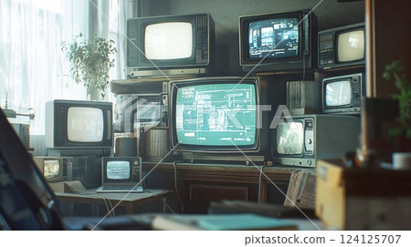 Retro technology surveillance room with multiple vintage TV monitors displaying green matrix code. Nostalgic security control room setup with analog equipment and houseplant Retro technology surveillance room with multiple vintage TV monitors displaying green matrix code. Nostalgic security control room setup with analog equipment and houseplant 124125707