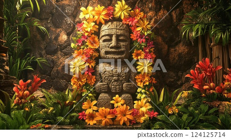 Ancient Polynesian stone statue decorated with tropical flowers. Traditional tiki artifact surrounded by vibrant orange and yellow blooms against volcanic rock backdrop in Hawaii 124125714