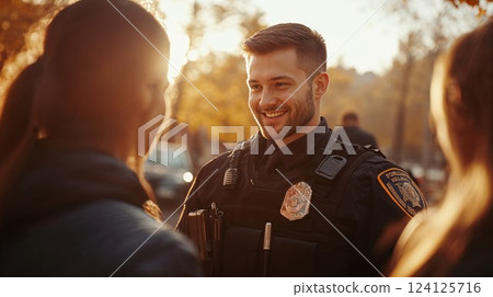 Friendly police officer in uniform smiling while interacting with citizens during sunset. Community policing and positive law enforcement engagement captured in warm golden light 124125716
