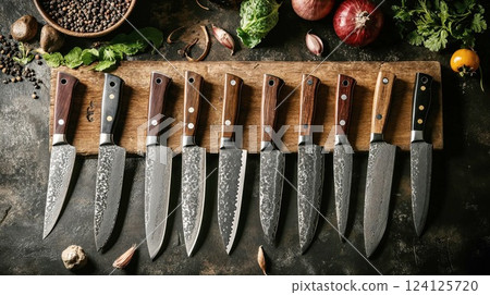 Professional Damascus steel knife collection displayed with cooking ingredients. Handcrafted chef knives with wooden handles and hammered patterns arranged on rustic wooden board with spices and herbs 124125720