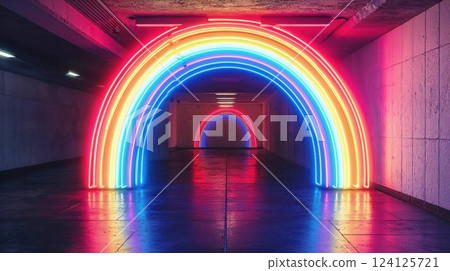 Rainbow neon light installation in modern tunnel. Vibrant multicolored LED arches creating infinite perspective in urban underground space with dramatic reflection on polished floor Rainbow neon light installation in modern tunnel. Vibrant multicolored LED arches creating infinite perspective in urban underground space with dramatic reflection on polished floor 124125721