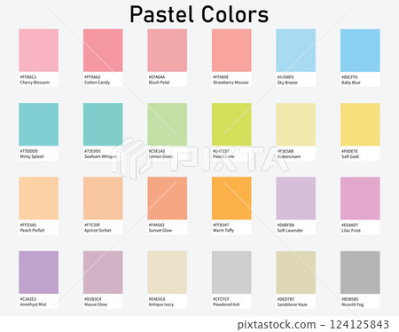 Color Palette 24 Pastel Colours - Cool, Warm, Neutrals, Light Tones - with HEX Codes and Names, Colour Scheme and Combinations Color Palette 24 Pastel Colours - Cool, Warm, Neutrals, Light Tones - with HEX Codes and Names, Colour Scheme and Combinations 124125843