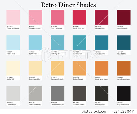 Color Palette 24 Retro Diner Shades - Vintage Classic, Pastel Pink, Soft Cream, Aqua Blue - with HEX Codes and Names, Colour Scheme and Combinations Color Palette 24 Retro Diner Shades - Vintage Classic, Pastel Pink, Soft Cream, Aqua Blue - with HEX Codes and Names, Colour Scheme and Combinations 124125847