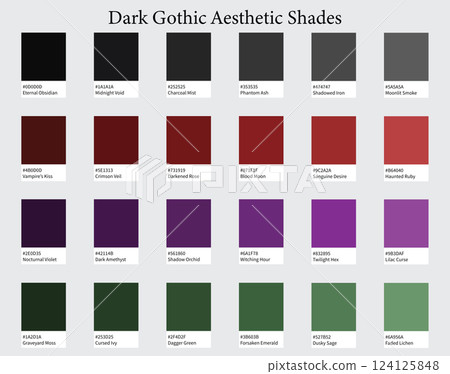 Color Palette 24 Dark Gothic Aesthetic Shades - Fashion and Luxury, Black, Charcoal, Deep Reds, Eerie Purples, Muted Greens Tones - with HEX Codes and Names, Colour Scheme and Combinations Color Palette 24 Dark Gothic Aesthetic Shades - Fashion and Luxury, Black, Charcoal, Deep Reds, Eerie Purples, Muted Greens Tones - with HEX Codes and Names, Colour Scheme and Combinations 124125848