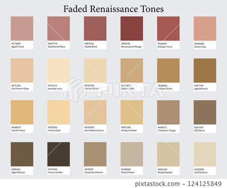 Color Palette 24 Faded Renaissance - Muted, Historic, Light Tones, Frescoes, Dusty Reds, Golds, Beiges - with HEX Codes and Names, Colour Scheme and Combinations Color Palette 24 Faded Renaissance - Muted, Historic, Light Tones, Frescoes, Dusty Reds, Golds, Beiges - with HEX Codes and Names, Colour Scheme and Combinations 124125849