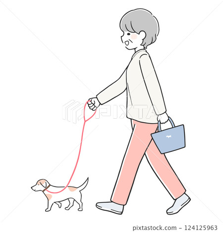 一位老年婦女遛狗 124125963