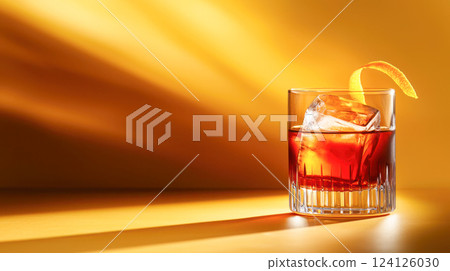 Negroni cocktail with a large ice cube and an orange peel garnish in a short glass on a reflective surface with a warm golden background. 124126030