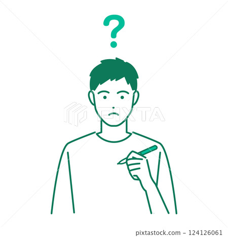 一名男子拿著筆,疑惑的向量插圖 一名男子拿著筆,疑惑的向量插圖 124126061