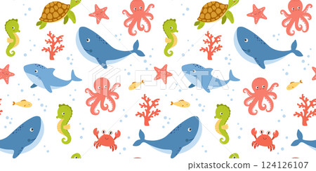 Seamless pattern with cute sea animals on white background, underwater life, vector childish illustrations. Nautical repeating design for nursery and kids 124126107