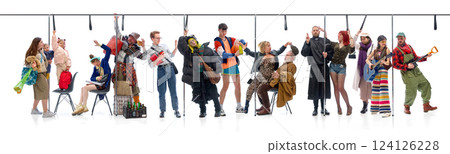 Collage. People from different walks of life standing, sitting, and interacting in public transport, holding onto straps, and expressing emotions. 124126228