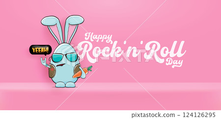 World rock n roll day horizontal banner with funny cartoon rock star rabbit character and rock hand gesture isolated on pink room background. Rock n roll poster World rock n roll day horizontal banner with funny cartoon rock star rabbit character and rock hand gesture isolated on pink room background. Rock n roll poster 124126295