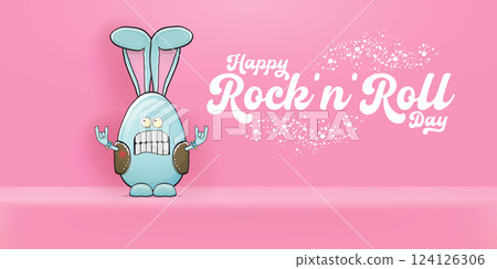 World rock n roll day horizontal banner with funny cartoon rock star rabbit character and rock hand gesture isolated on pink room background. Rock n roll poster World rock n roll day horizontal banner with funny cartoon rock star rabbit character and rock hand gesture isolated on pink room background. Rock n roll poster 124126306